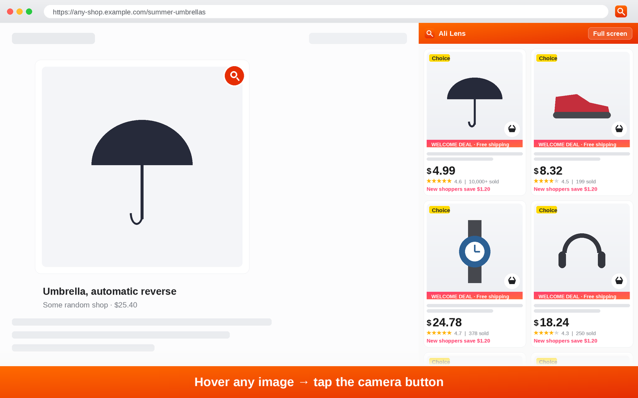 Camera button appearing on a product image, with AliExpress matches in the side panel