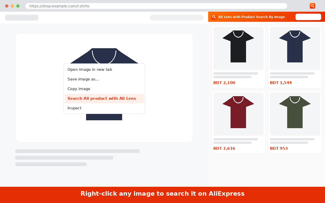 Right-click menu on a product photo showing the Search Ali product with Ali Lens action
